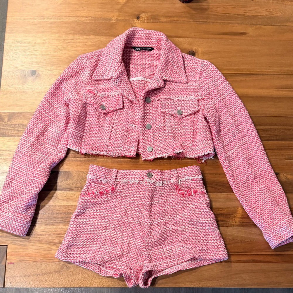 Zara Pink Tweed Cropped Jacket & Shorts Set XS/S